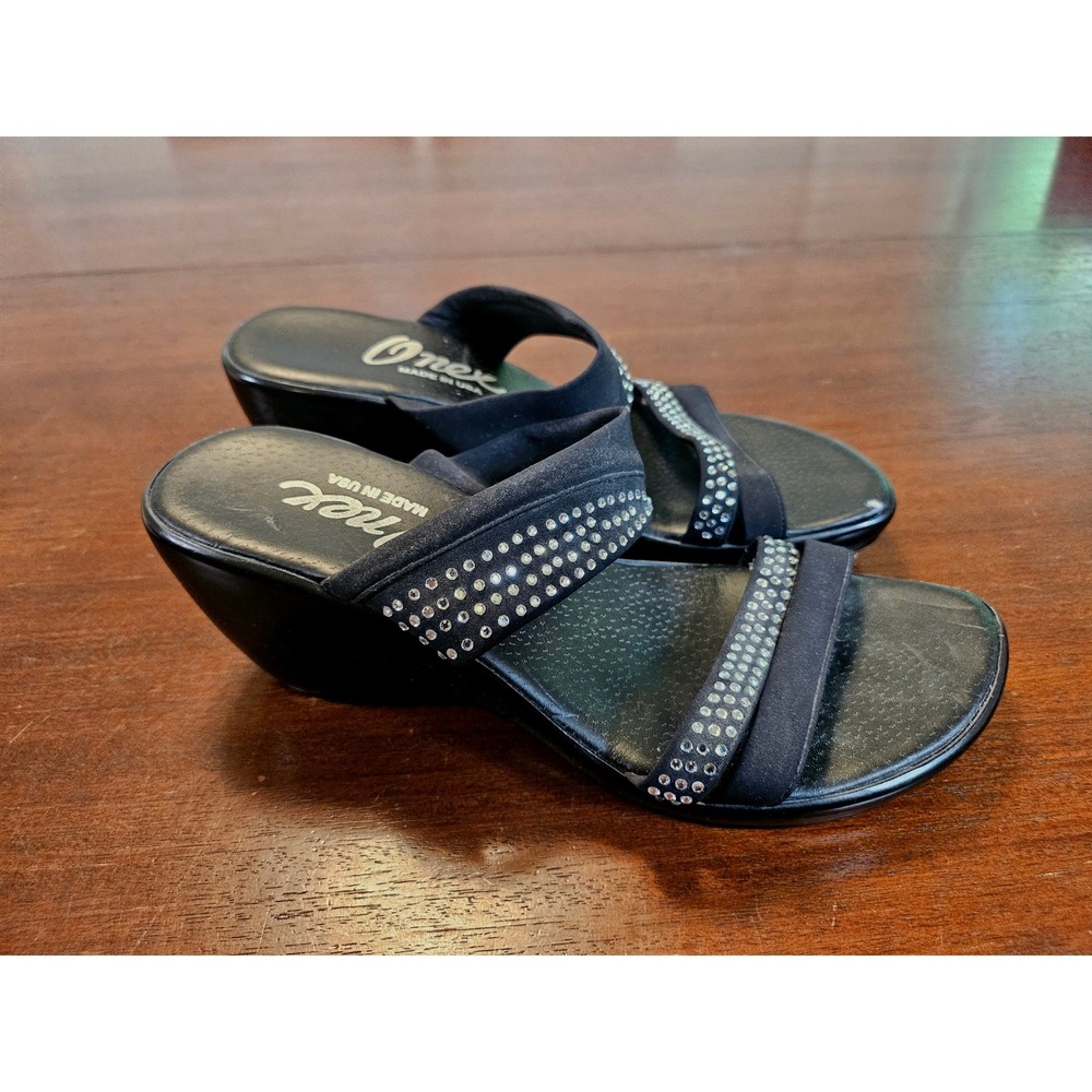 Onex Wedge Sandals Womens 39 US 8.5-9 Black Rhinestone Embellished Heels USA
